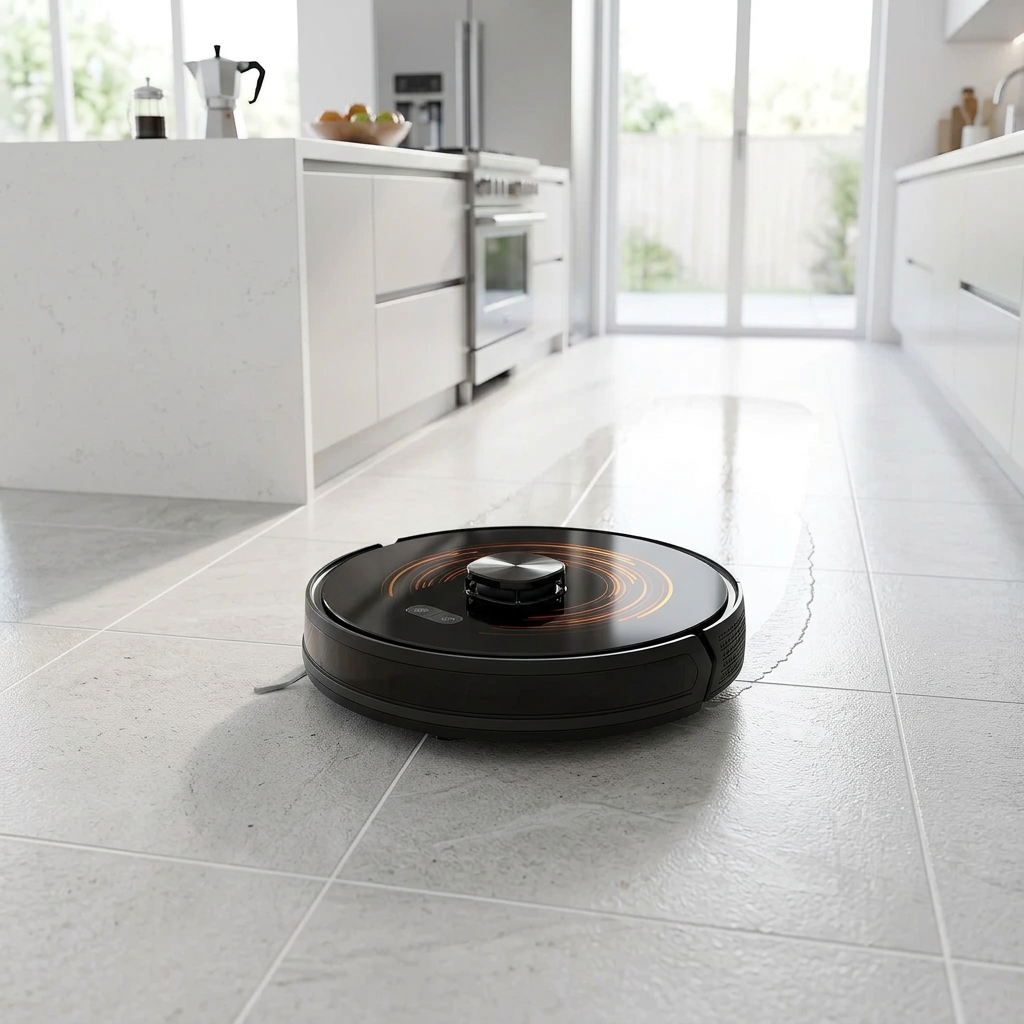 Robot aspirateur laveur qui lave le carrelage d'une cuisine