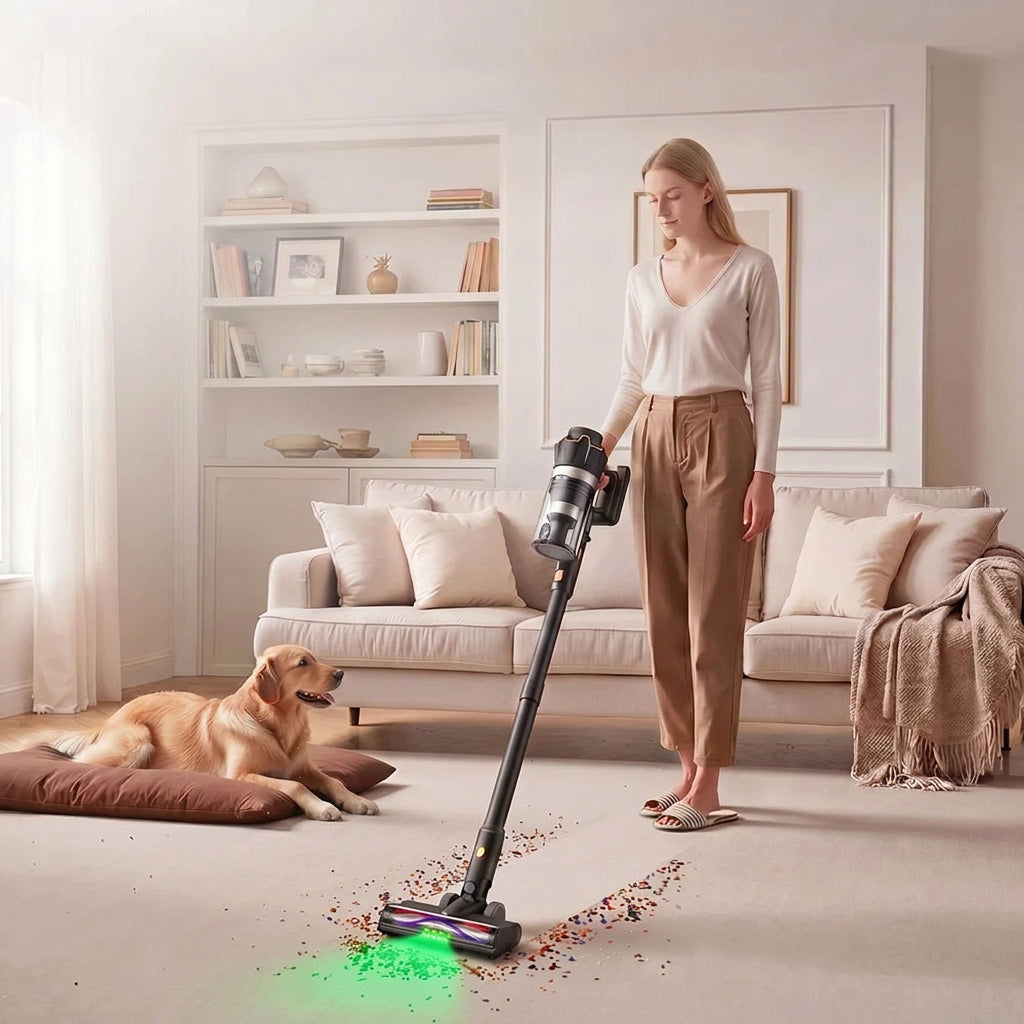Aspirateur balai sans fil 75 kPa dans un salon, poils de chien aspirés