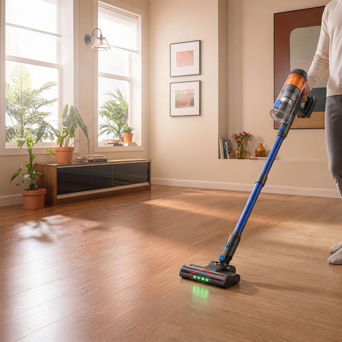 Aspirateur balai sans fil 50 kPa sur parquet dans un salon lumineux