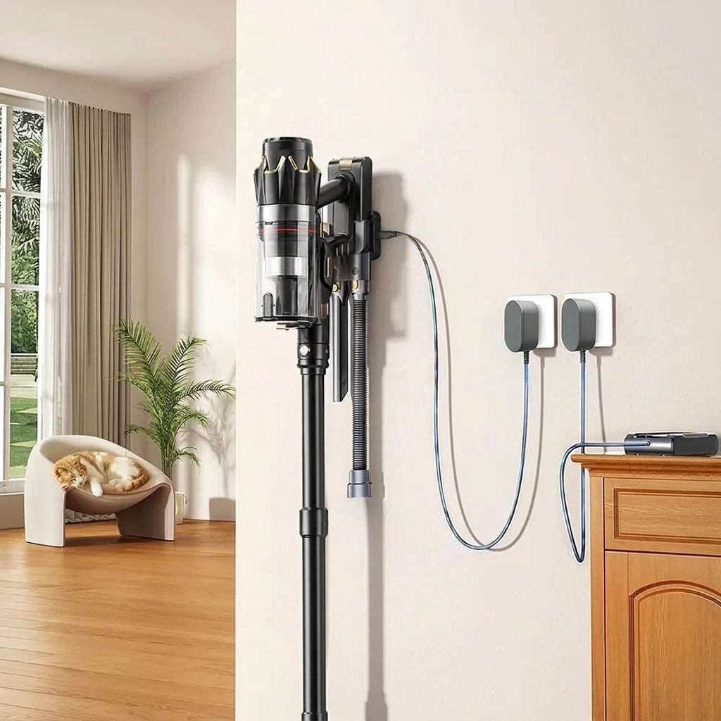 Aspirateur balai 75 kPa rangé sur son support mural de charge